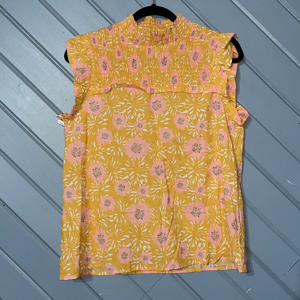 THML Mustard Floral Smocked Sleeveless Blouse